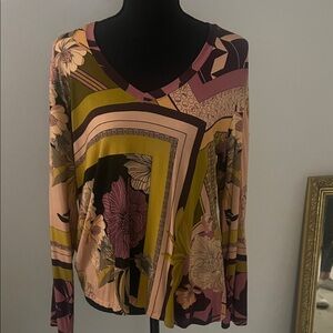 Johnny Was Multicolor Geometric Floral Long Sleeve Top